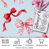 Watercolor Red and Pink Ribbon Bows   Soft Blue Background Cute Girly Design Digital Print Fabric by the Metre UK Sewing Quilting Textile
