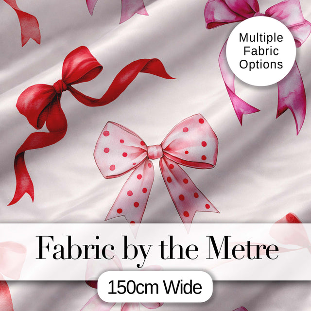 Watercolor Red and Pink Ribbon Bows  Neutral Cream Background Cute Girly Design Digital Print Fabric by the Metre UK Sewing Quilting Textile