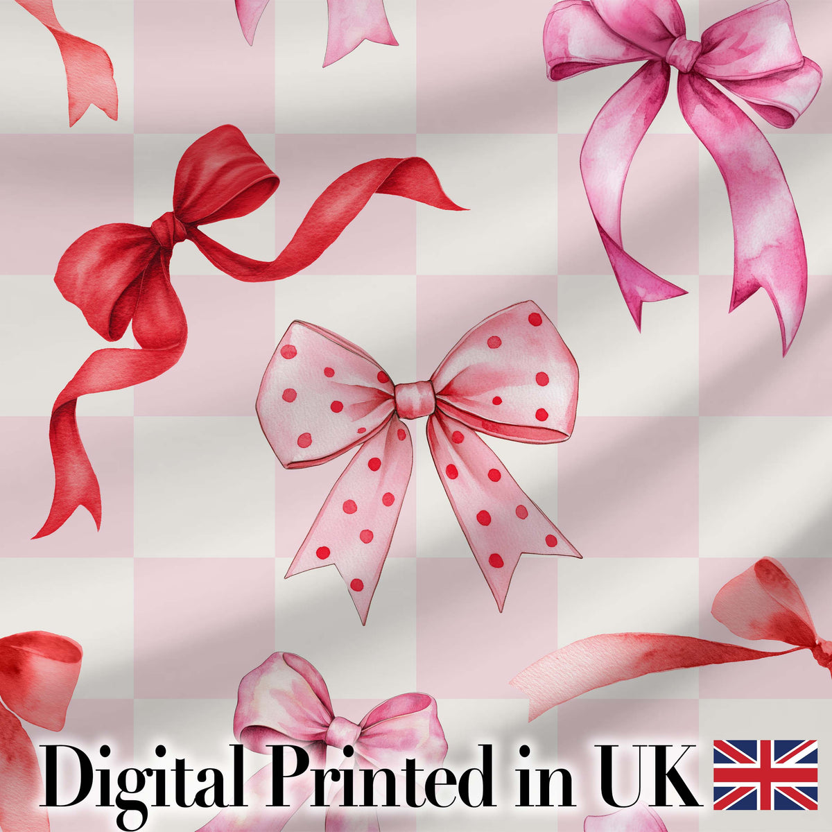 Watercolor Red and Pink Ribbon Bows   Pink Gingham Check Background Design Digital Print Fabric by the Metre UK Sewing Quilting Textile