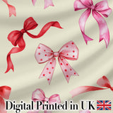 Watercolor Red and Pink Ribbon Bows   Light Olive Background Cute Girly Design Digital Print Fabric by the Metre UK Sewing Quilting Textile