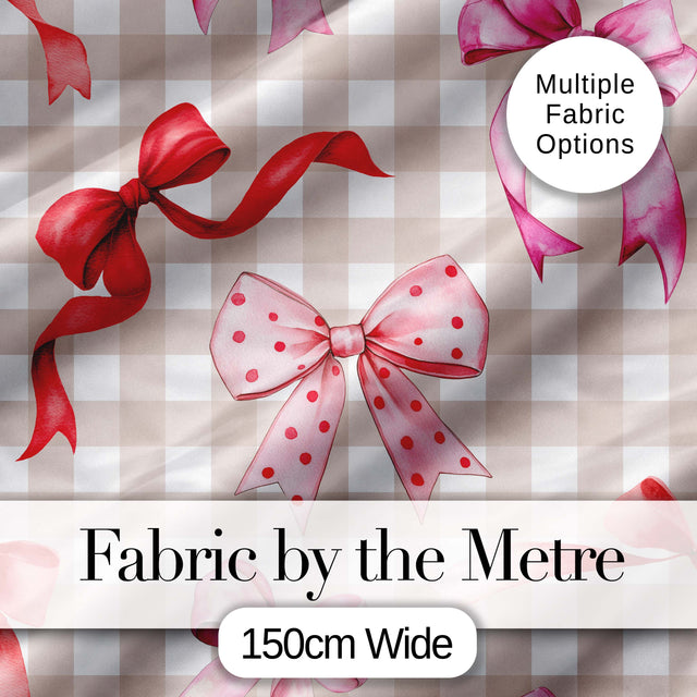 Watercolor Red and Pink Ribbon Bows  Beige Gingham Check Background Cute Design Digital Print Fabric by the Metre UK Sewing Quilting Textile