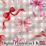 Watercolor Red and Pink Ribbon Bows  Beige Gingham Check Background Cute Design Digital Print Fabric by the Metre UK Sewing Quilting Textile