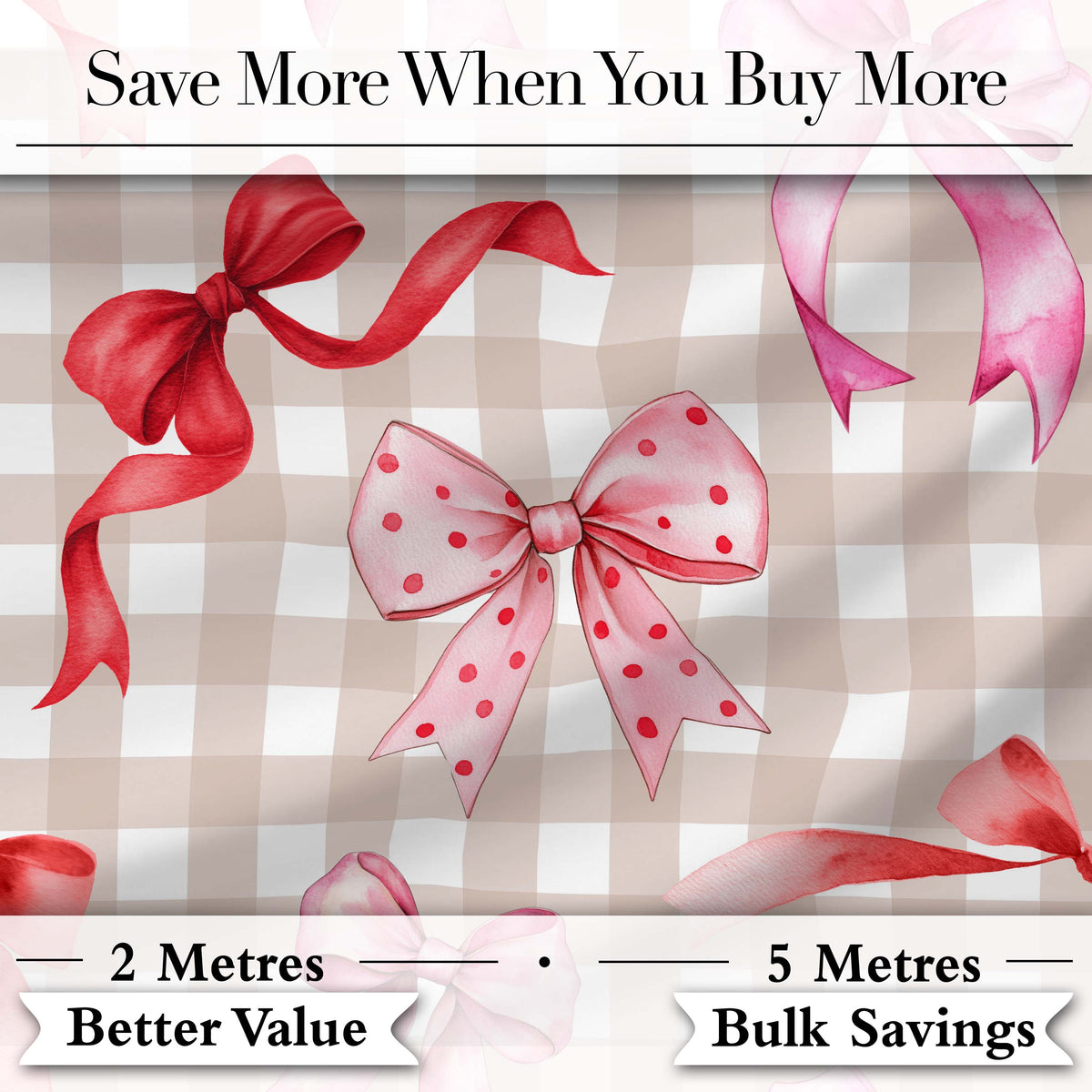 Watercolor Red and Pink Ribbon Bows  Beige Gingham Check Background Cute Design Digital Print Fabric by the Metre UK Sewing Quilting Textile