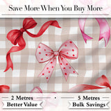 Watercolor Red and Pink Ribbon Bows  Beige Gingham Check Background Cute Design Digital Print Fabric by the Metre UK Sewing Quilting Textile
