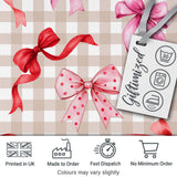 Watercolor Red and Pink Ribbon Bows  Beige Gingham Check Background Cute Design Digital Print Fabric by the Metre UK Sewing Quilting Textile