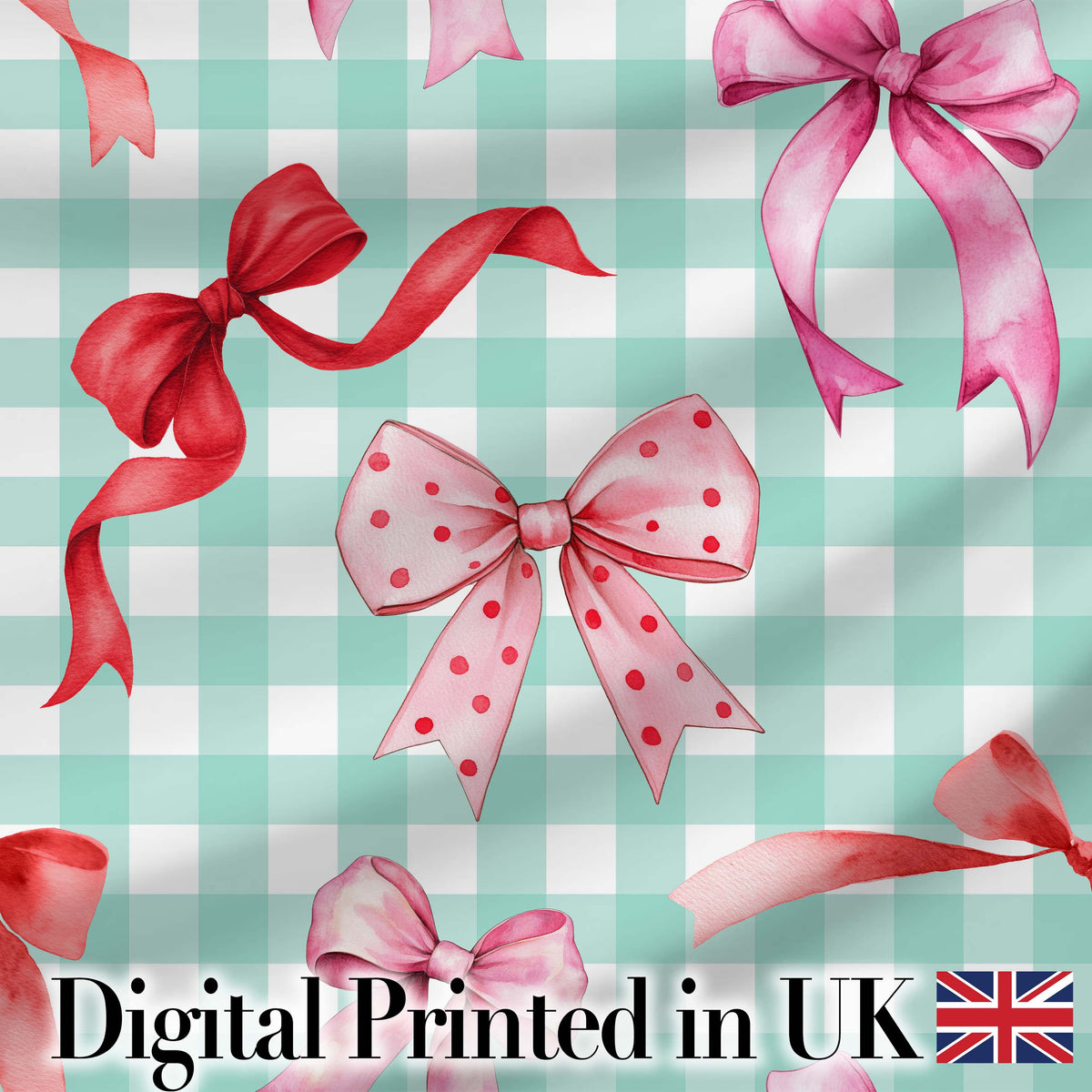 Watercolor Red and Pink Ribbon Bows   Mint Gingham Check Background Cute Design Digital Print Fabric by the Metre UK Sewing Quilting Textile