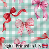 Watercolor Red and Pink Ribbon Bows   Mint Gingham Check Background Cute Design Digital Print Fabric by the Metre UK Sewing Quilting Textile
