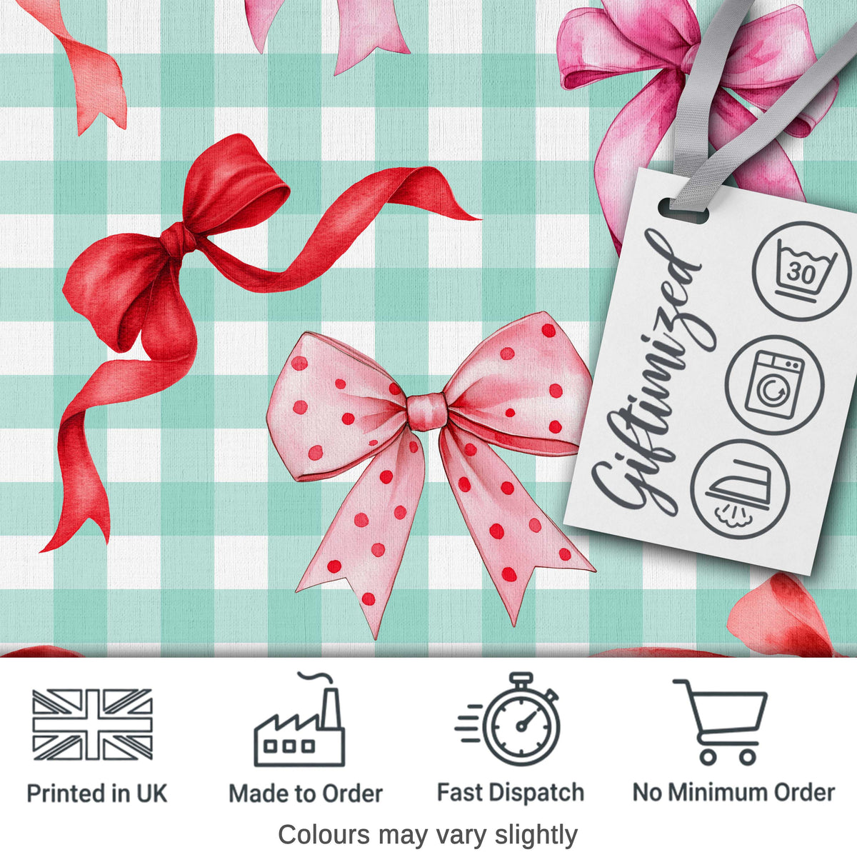 Watercolor Red and Pink Ribbon Bows   Mint Gingham Check Background Cute Design Digital Print Fabric by the Metre UK Sewing Quilting Textile