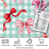 Watercolor Red and Pink Ribbon Bows   Mint Gingham Check Background Cute Design Digital Print Fabric by the Metre UK Sewing Quilting Textile