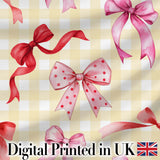 Watercolor Red Pink Ribbon Bows   Yellow Gingham Background Cute Girly Fabric Digital Print Fabric by the Metre UK Sewing Quilting Textile