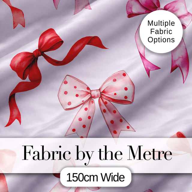 Watercolor Red Pink Ribbon Bows  Soft Lilac Background Cute Girly Fabric Design Digital Print Fabric by the Metre UK Sewing Quilting Textile