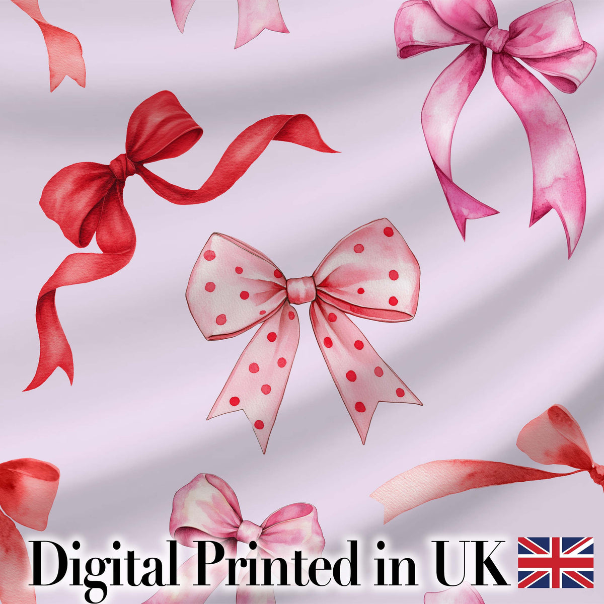 Watercolor Red Pink Ribbon Bows  Soft Lilac Background Cute Girly Fabric Design Digital Print Fabric by the Metre UK Sewing Quilting Textile