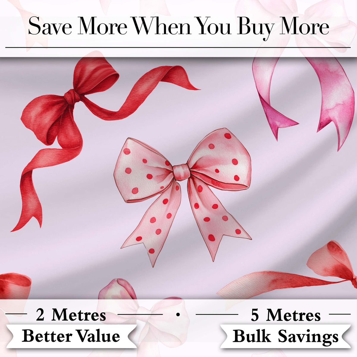 Watercolor Red Pink Ribbon Bows  Soft Lilac Background Cute Girly Fabric Design Digital Print Fabric by the Metre UK Sewing Quilting Textile