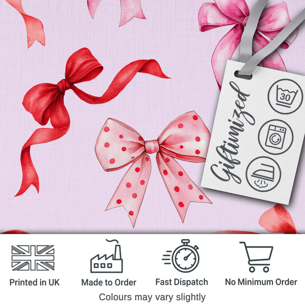 Watercolor Red Pink Ribbon Bows  Soft Lilac Background Cute Girly Fabric Design Digital Print Fabric by the Metre UK Sewing Quilting Textile