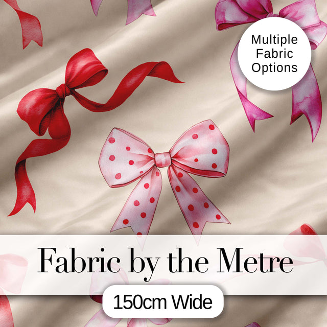 Watercolor Red Pink Ribbon Bows  Warm Beige Background Cute Girly Fabric Design Digital Print Fabric by the Metre UK Sewing Quilting Textile