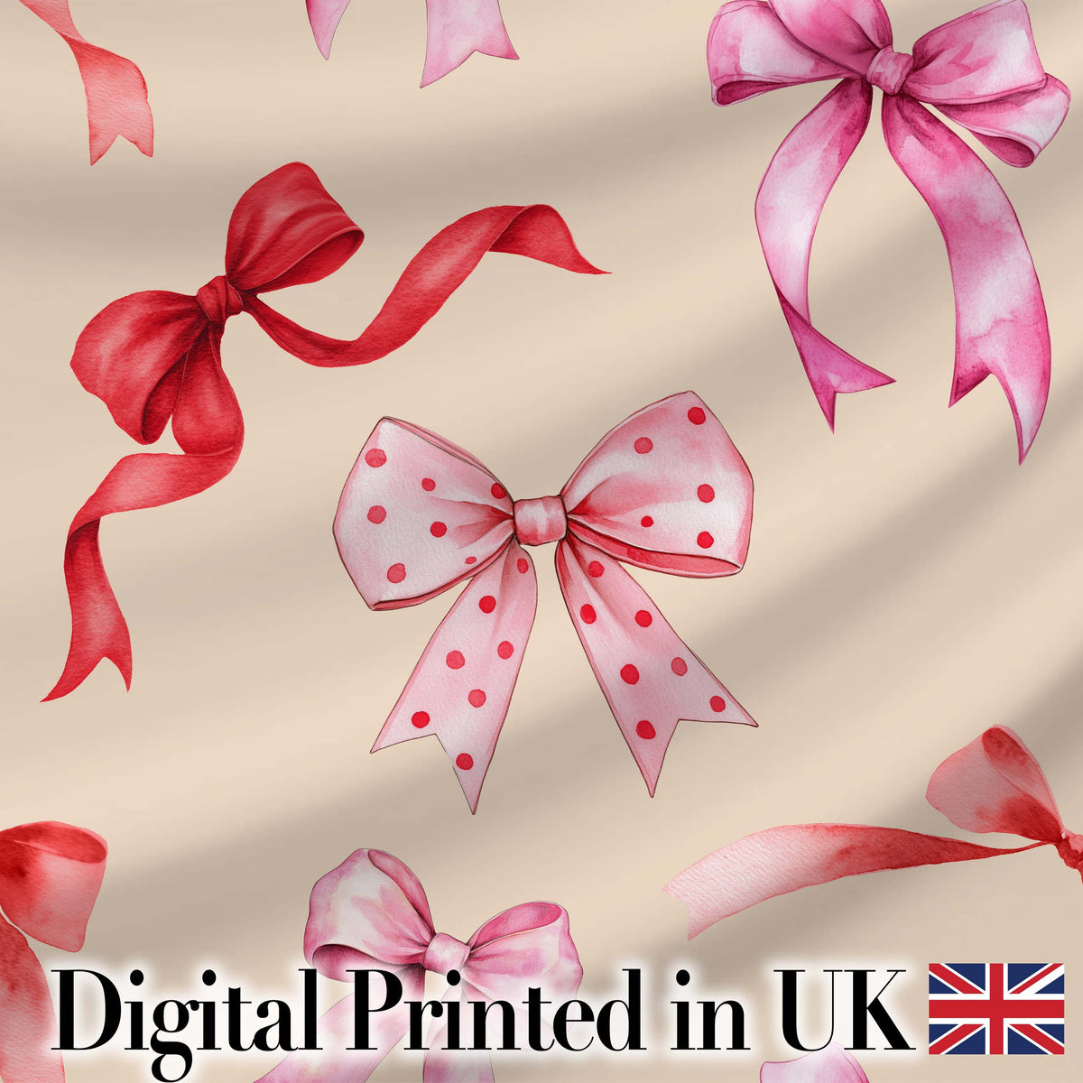 Watercolor Red Pink Ribbon Bows  Warm Beige Background Cute Girly Fabric Design Digital Print Fabric by the Metre UK Sewing Quilting Textile