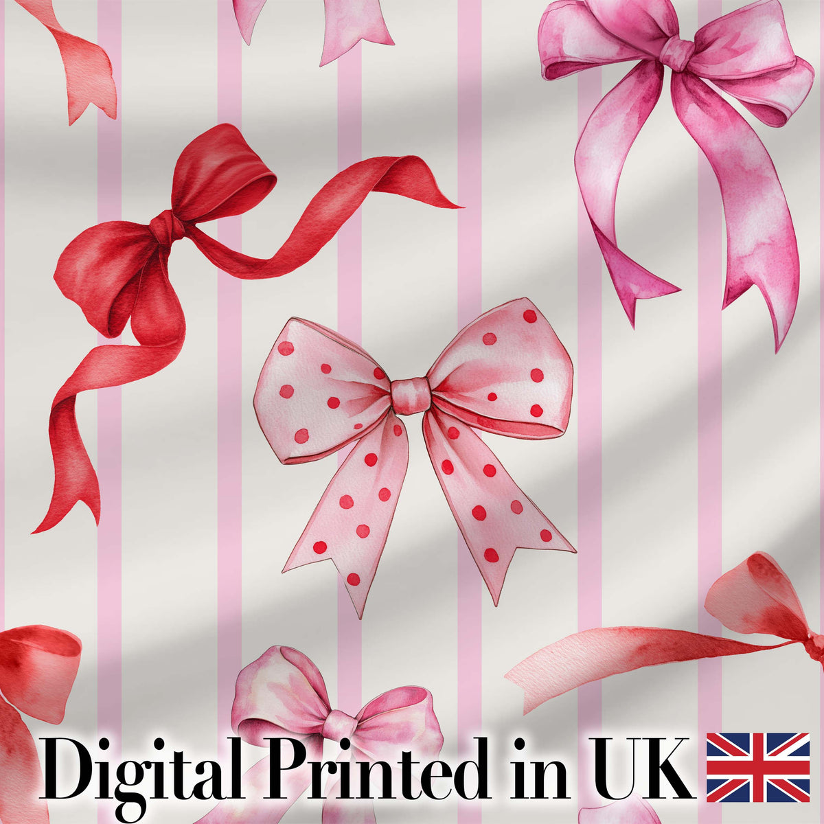 Watercolor Red Pink Ribbon Bows Pink Stripe Background Cute Girly Fabric Design Digital Print Fabric by the Metre UK Sewing Quilting Textile