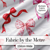 Watercolor Red Pink Ribbon Bows Light Grey Background Cute Girly Fabric Design Digital Print Fabric by the Metre UK Sewing Quilting Textile