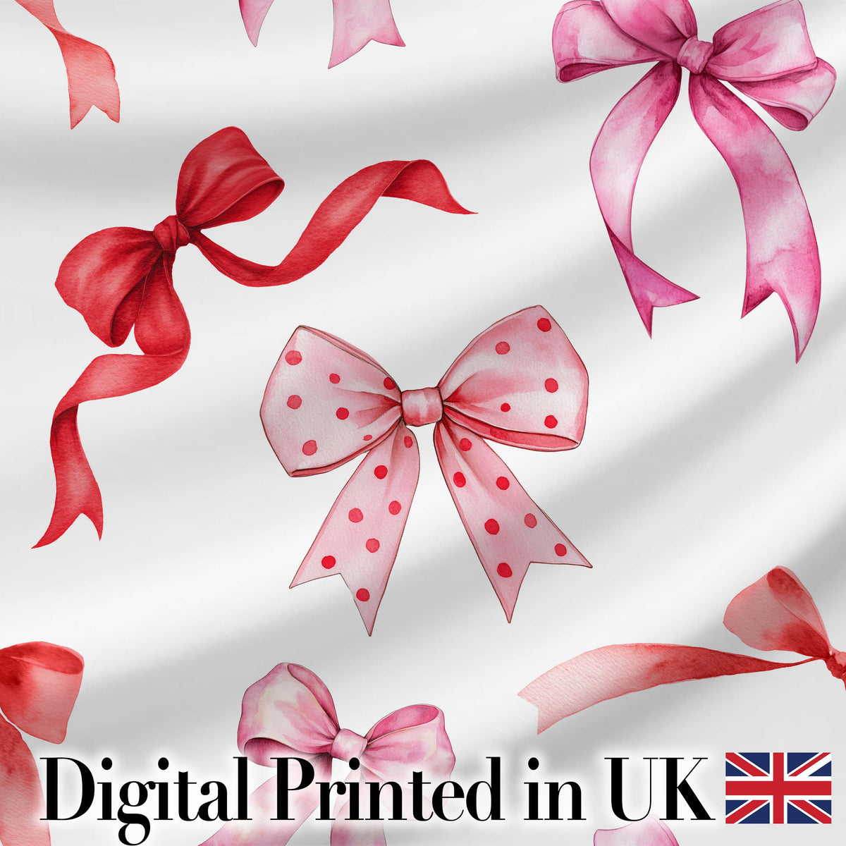 Watercolor Red Pink Ribbon Bows Light Grey Background Cute Girly Fabric Design Digital Print Fabric by the Metre UK Sewing Quilting Textile