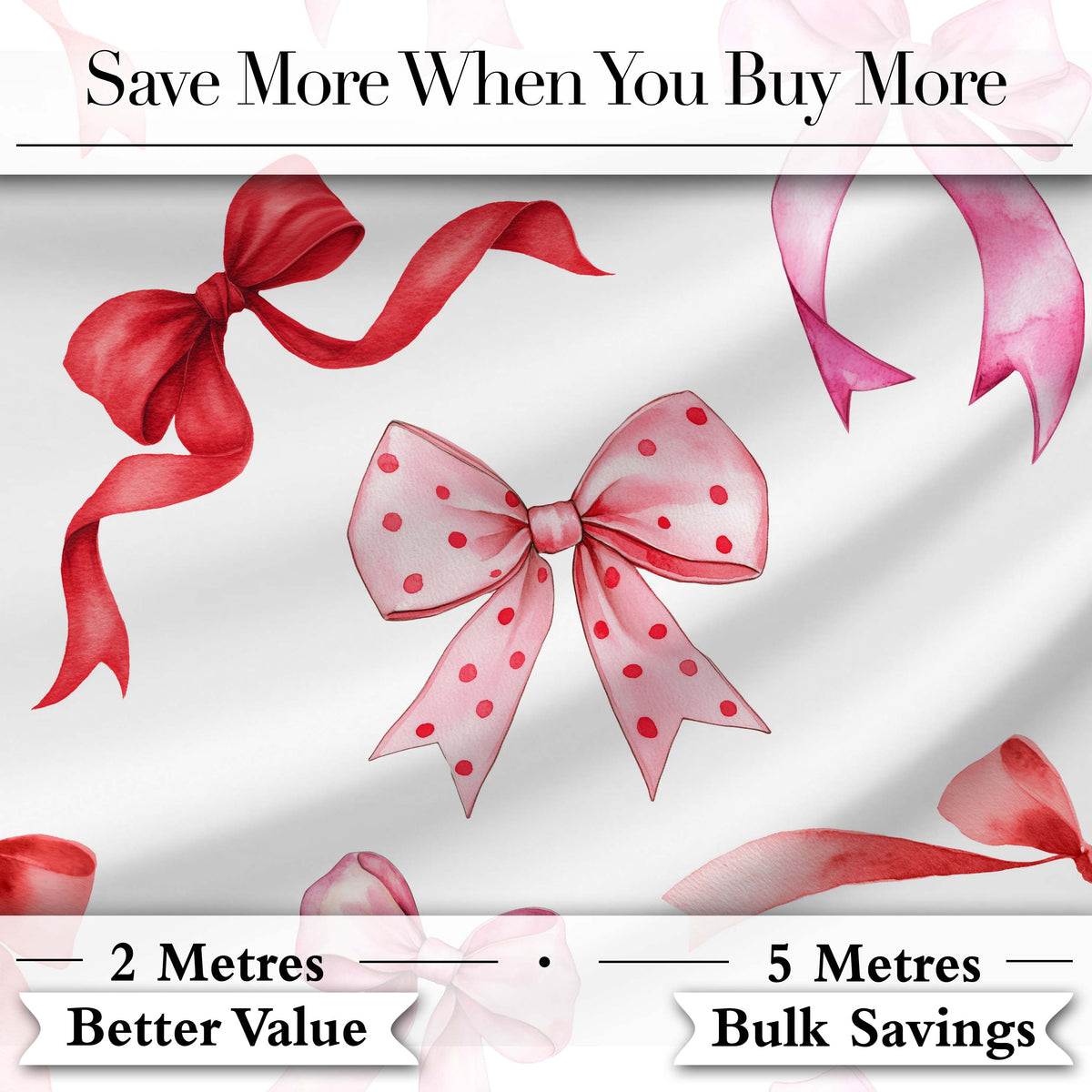 Watercolor Red Pink Ribbon Bows Light Grey Background Cute Girly Fabric Design Digital Print Fabric by the Metre UK Sewing Quilting Textile