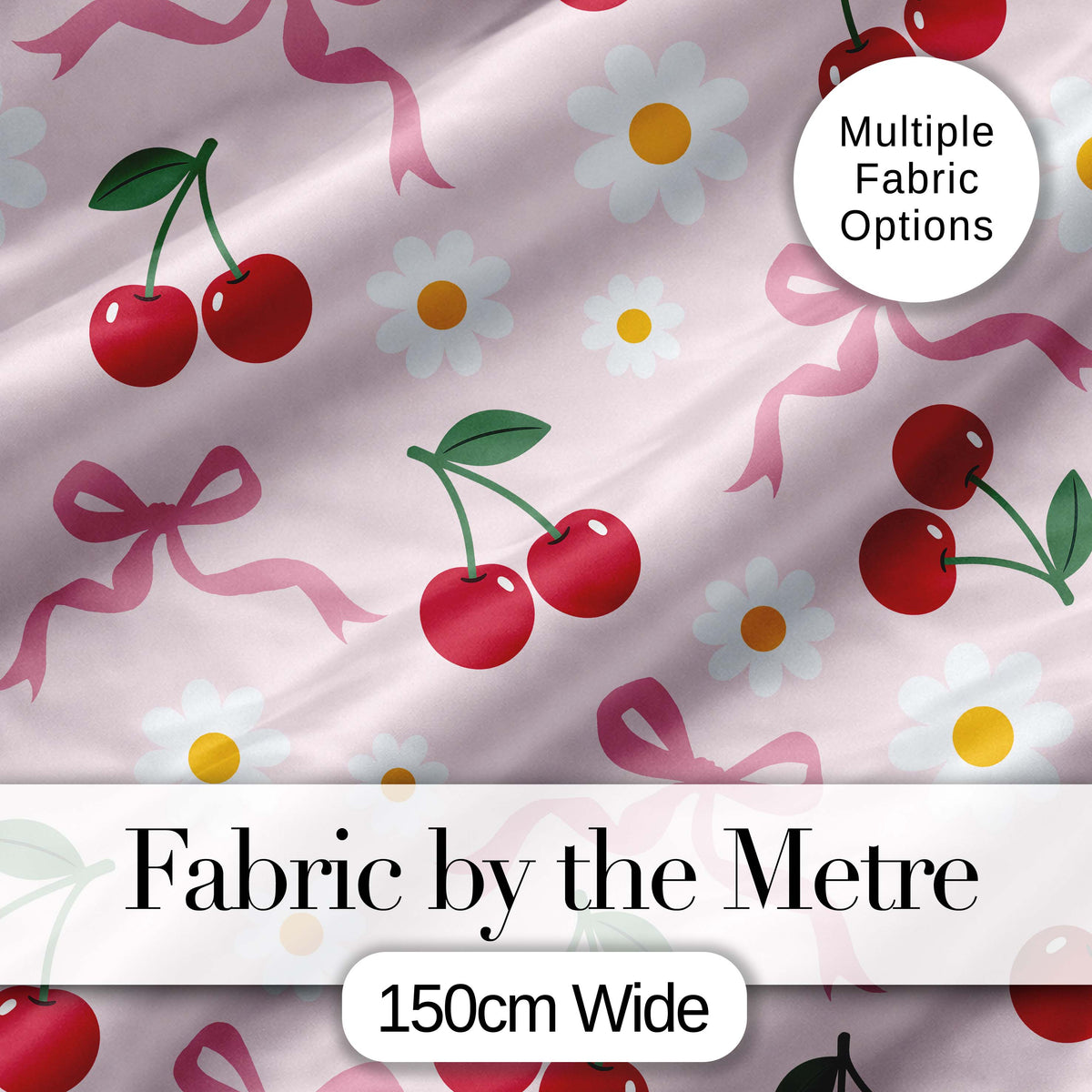 Cute Cherry and Daisy Flowers with Pink Ribbon Bows   Soft Pink Background Digital Print Fabric by the Metre UK Sewing Quilting Textile