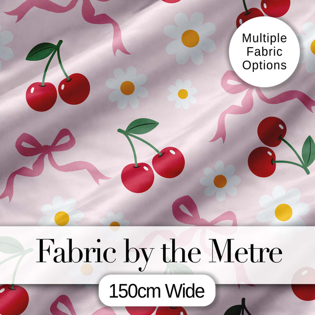 Cute Cherry and Daisy Flowers with Pink Ribbon Bows   Soft Pink Background Digital Print Fabric by the Metre UK Sewing Quilting Textile