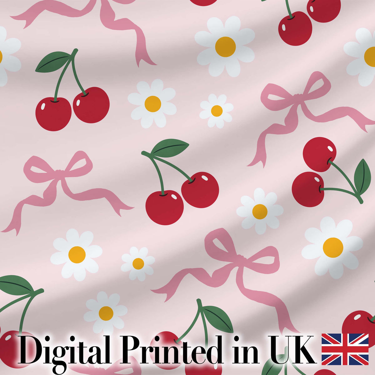 Cute Cherry and Daisy Flowers with Pink Ribbon Bows   Soft Pink Background Digital Print Fabric by the Metre UK Sewing Quilting Textile