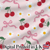 Cute Cherry and Daisy Flowers with Pink Ribbon Bows   Soft Pink Background Digital Print Fabric by the Metre UK Sewing Quilting Textile