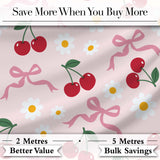 Cute Cherry and Daisy Flowers with Pink Ribbon Bows   Soft Pink Background Digital Print Fabric by the Metre UK Sewing Quilting Textile