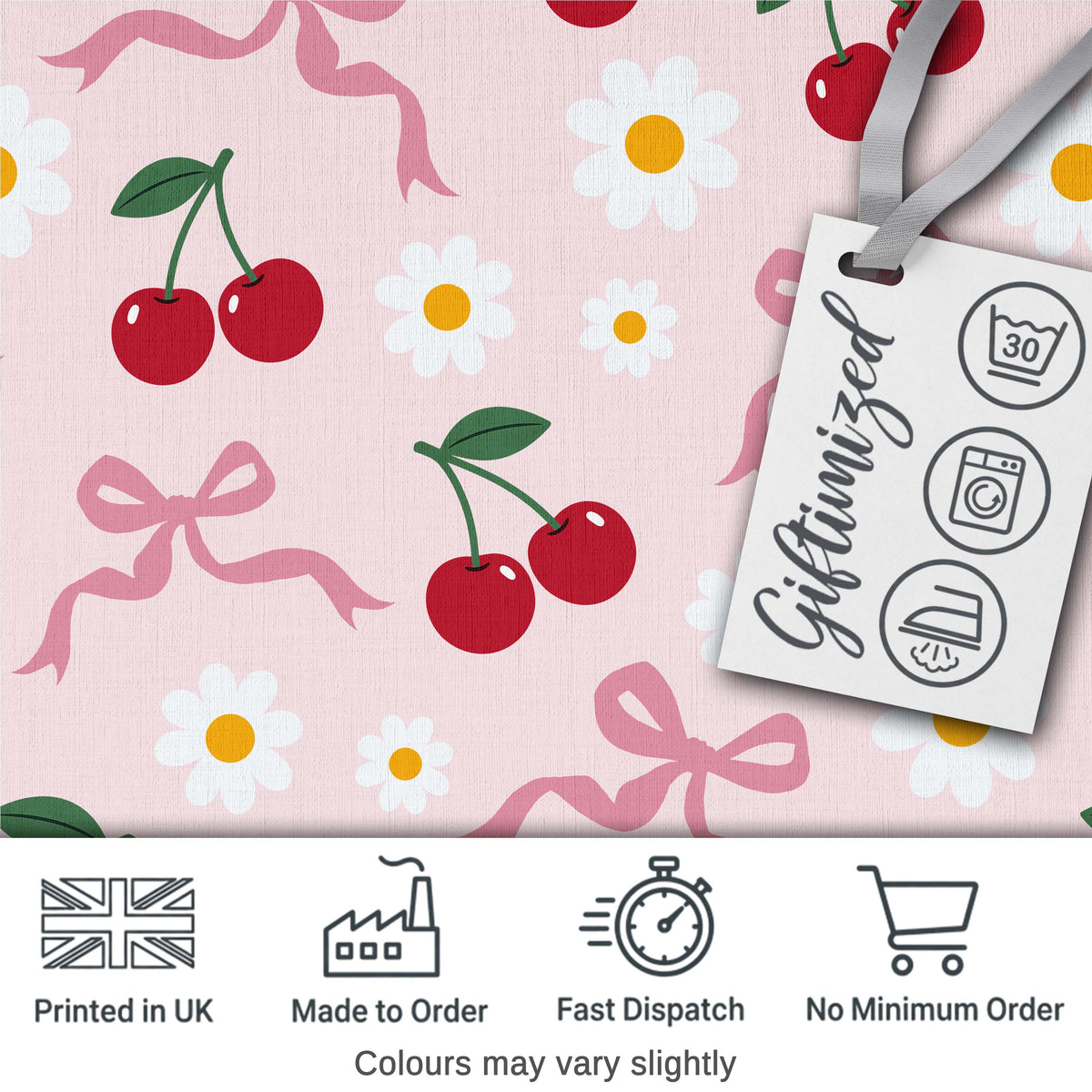 Cute Cherry and Daisy Flowers with Pink Ribbon Bows   Soft Pink Background Digital Print Fabric by the Metre UK Sewing Quilting Textile