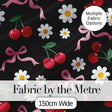 Cute Cherry and Daisy Flowers with Pink Ribbon Bows  Pattern Black Background Digital Print Fabric by the Metre UK Sewing Quilting Textile
