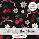 Cute Cherry and Daisy Flowers with Pink Ribbon Bows  Pattern Black Background Digital Print Fabric by the Metre UK Sewing Quilting Textile