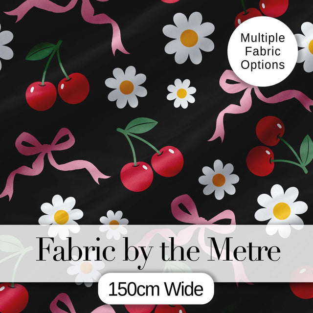 Cute Cherry and Daisy Flowers with Pink Ribbon Bows  Pattern Black Background Digital Print Fabric by the Metre UK Sewing Quilting Textile