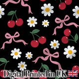 Cute Cherry and Daisy Flowers with Pink Ribbon Bows  Pattern Black Background Digital Print Fabric by the Metre UK Sewing Quilting Textile