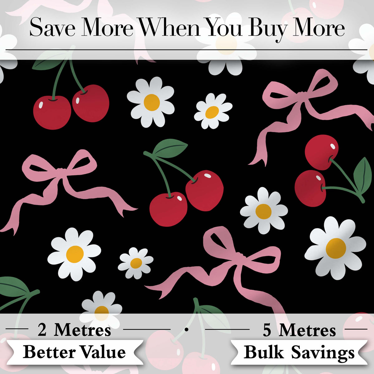 Cute Cherry and Daisy Flowers with Pink Ribbon Bows  Pattern Black Background Digital Print Fabric by the Metre UK Sewing Quilting Textile