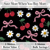 Cute Cherry and Daisy Flowers with Pink Ribbon Bows  Pattern Black Background Digital Print Fabric by the Metre UK Sewing Quilting Textile