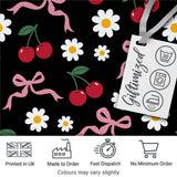 Cute Cherry and Daisy Flowers with Pink Ribbon Bows  Pattern Black Background Digital Print Fabric by the Metre UK Sewing Quilting Textile
