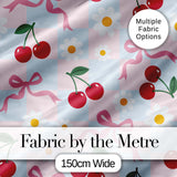 Cute Cherry and Daisy Flowers with Pink Ribbon Bows   Blue Check Background Digital Print Fabric by the Metre UK Sewing Quilting Textile