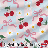 Cute Cherry and Daisy Flowers with Pink Ribbon Bows   Blue Check Background Digital Print Fabric by the Metre UK Sewing Quilting Textile