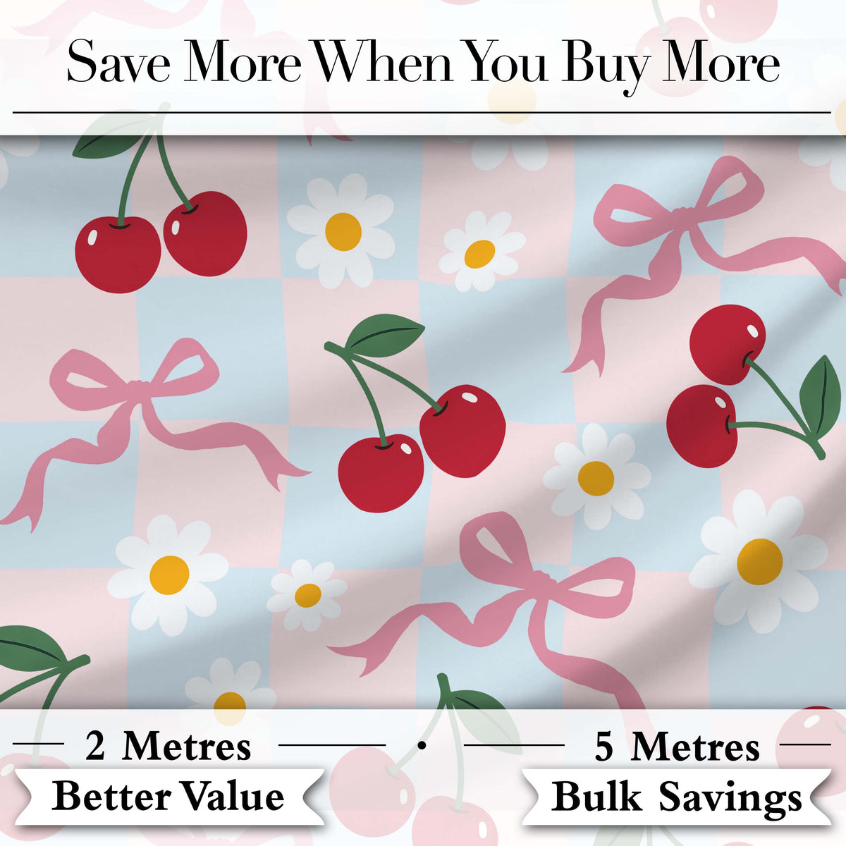 Cute Cherry and Daisy Flowers with Pink Ribbon Bows   Blue Check Background Digital Print Fabric by the Metre UK Sewing Quilting Textile