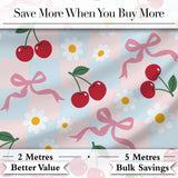 Cute Cherry and Daisy Flowers with Pink Ribbon Bows   Blue Check Background Digital Print Fabric by the Metre UK Sewing Quilting Textile