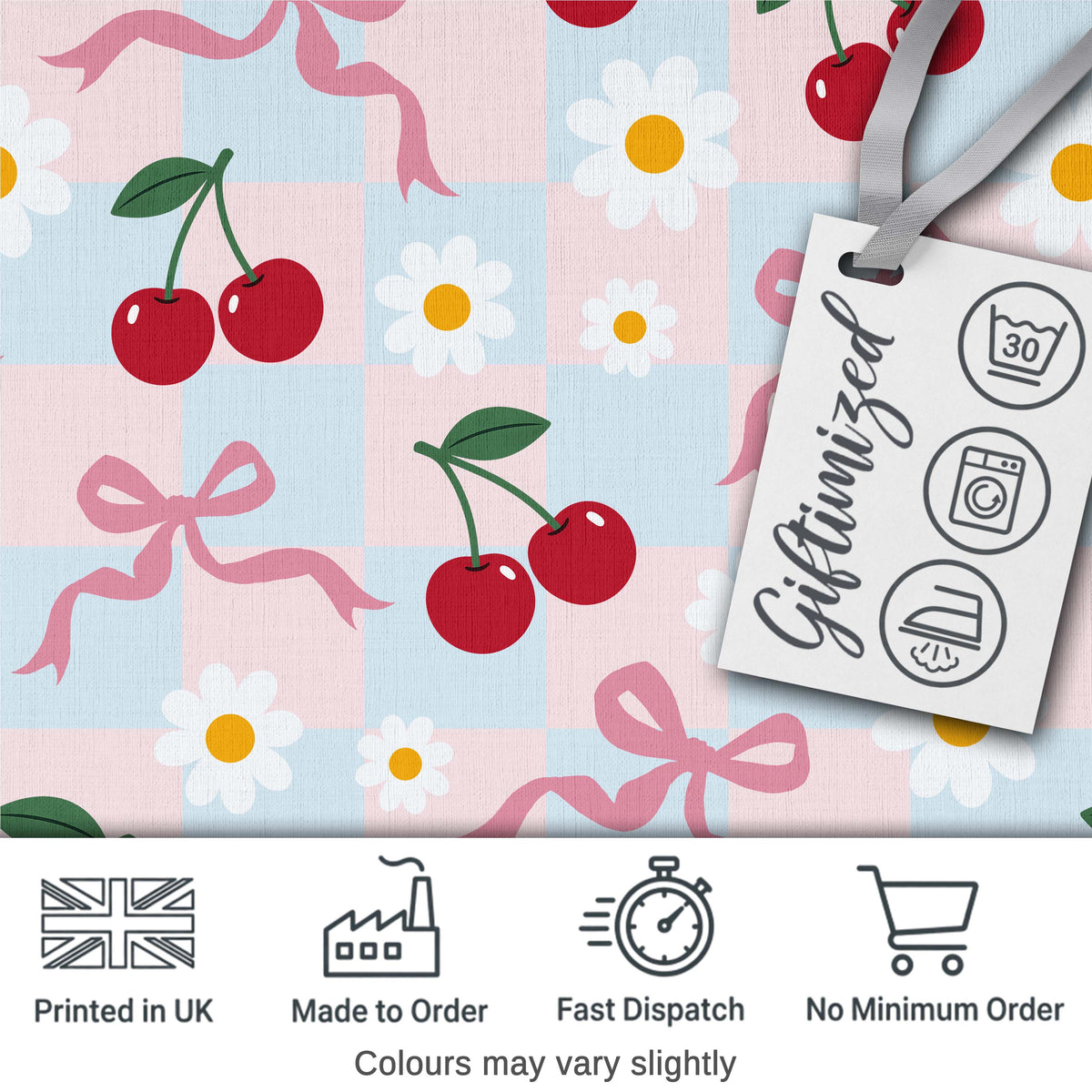 Cute Cherry and Daisy Flowers with Pink Ribbon Bows   Blue Check Background Digital Print Fabric by the Metre UK Sewing Quilting Textile