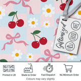 Cute Cherry and Daisy Flowers with Pink Ribbon Bows   Blue Check Background Digital Print Fabric by the Metre UK Sewing Quilting Textile