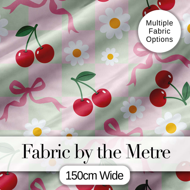 Cute Cherry and Daisy Flowers with Pink Ribbon Bows   Green Check Background Digital Print Fabric by the Metre UK Sewing Quilting Textile