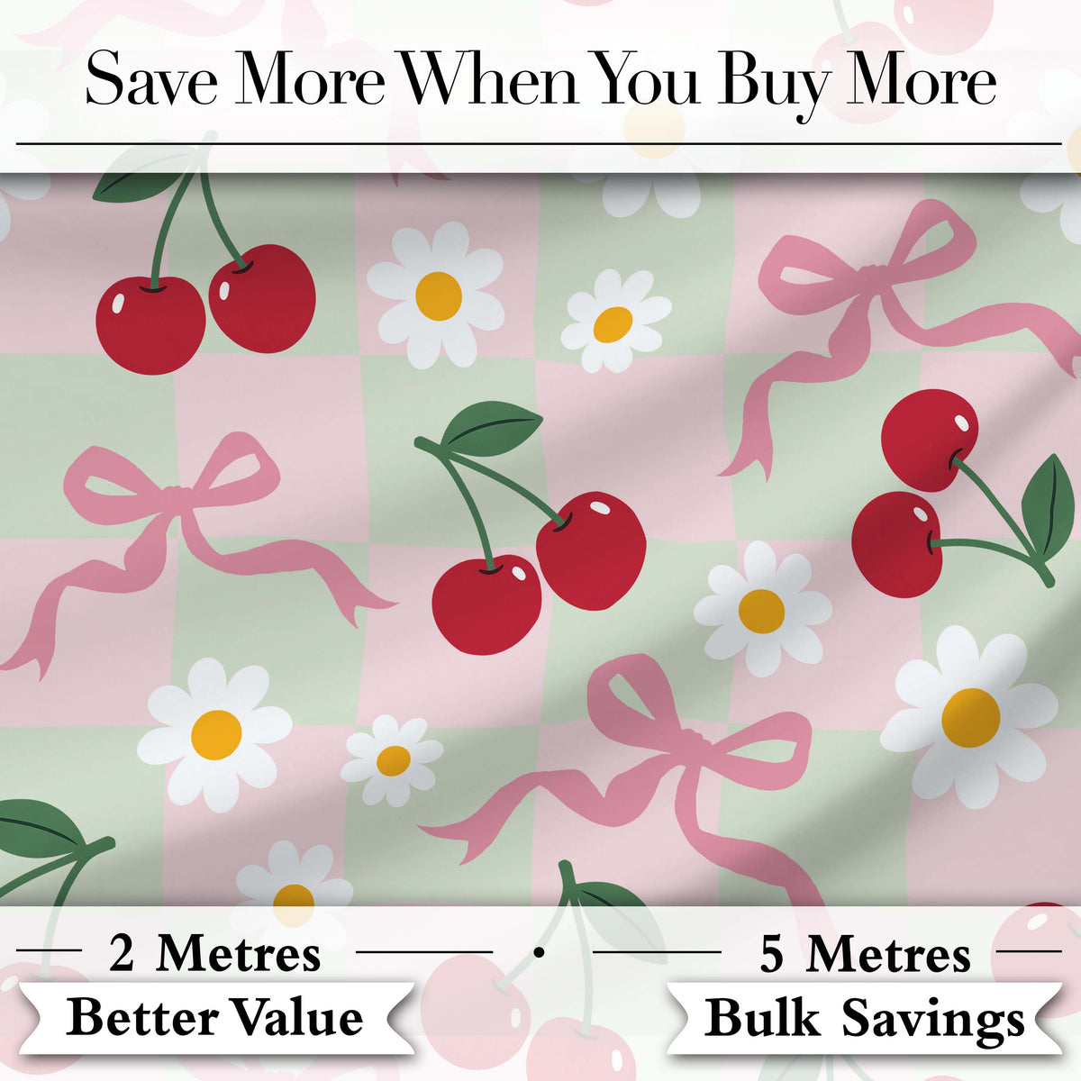 Cute Cherry and Daisy Flowers with Pink Ribbon Bows   Green Check Background Digital Print Fabric by the Metre UK Sewing Quilting Textile