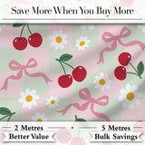 Cute Cherry and Daisy Flowers with Pink Ribbon Bows   Green Check Background Digital Print Fabric by the Metre UK Sewing Quilting Textile