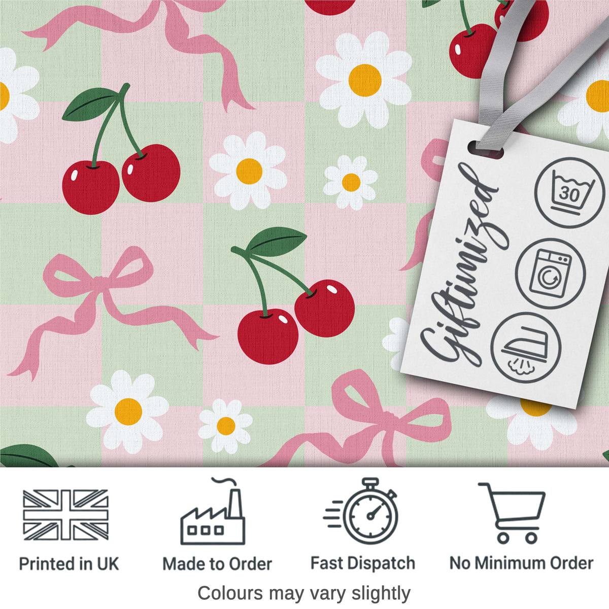 Cute Cherry and Daisy Flowers with Pink Ribbon Bows   Green Check Background Digital Print Fabric by the Metre UK Sewing Quilting Textile