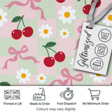 Cute Cherry and Daisy Flowers with Pink Ribbon Bows   Green Check Background Digital Print Fabric by the Metre UK Sewing Quilting Textile