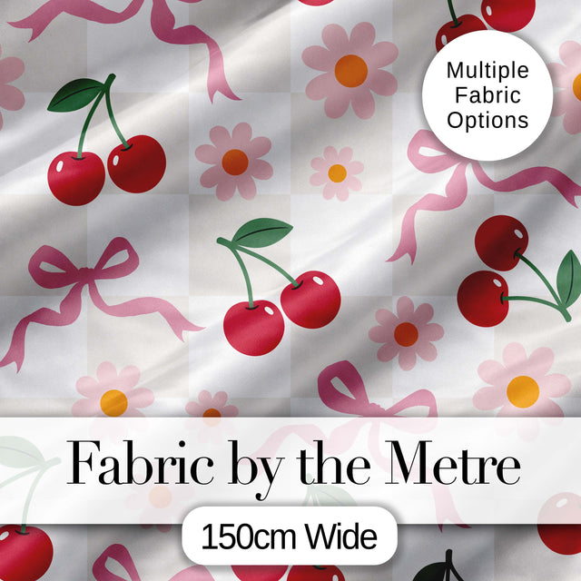 Cute Cherry and Daisy Flowers with Pink Ribbon Bows   Neutral Check Background Digital Print Fabric by the Metre UK Sewing Quilting Textile