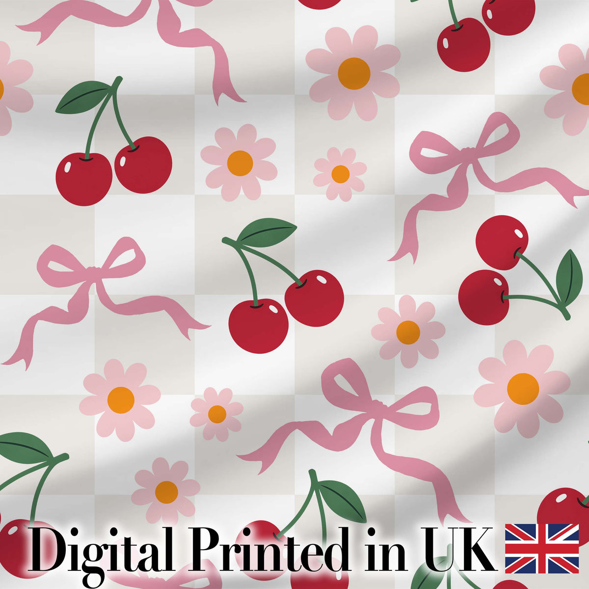 Cute Cherry and Daisy Flowers with Pink Ribbon Bows   Neutral Check Background Digital Print Fabric by the Metre UK Sewing Quilting Textile